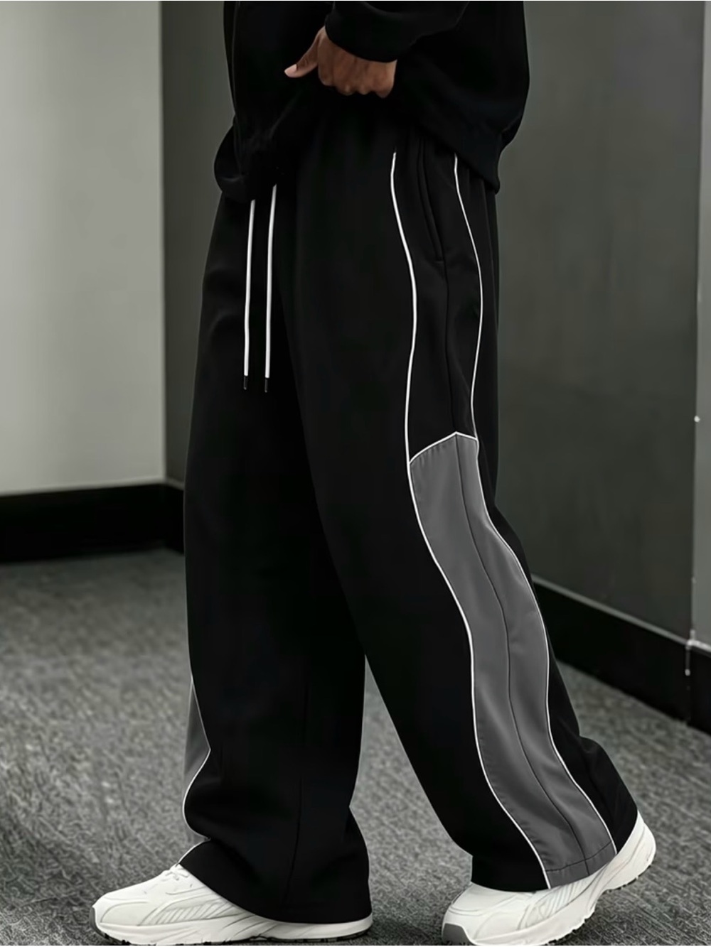 Men's Black Track Pants with Gray Panels